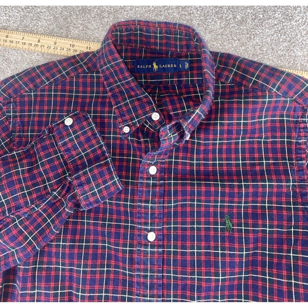 Polo Ralph Lauren Check Plaid Red/Green Shirt Mens L Green Pony Cotton Preppy